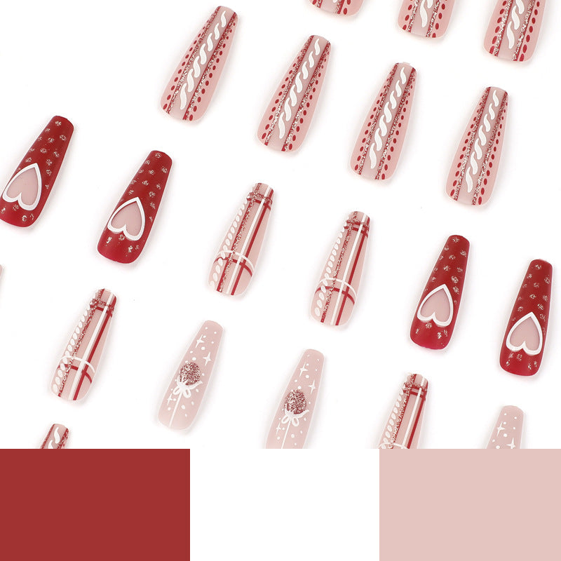 Christmas Press-On Nails with Heart and Holiday Motifs | Pink, Red and White Mix | Lightweight Tips for All-Day Comfort