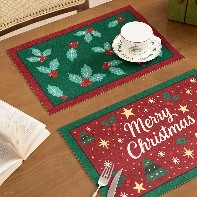 Christmas Placemat Set with Merry Lettering and Holly Accents | Red and Green Scalloped Table Mats | Flat Wipe Clean Decorations