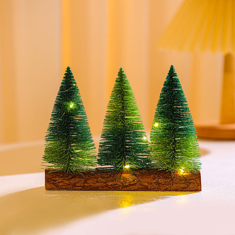 Artificial Christmas Trees on a Wooden Base with Sparkling LED Lights | Battery Powered Tabletop Set | Green, Orange or Silver