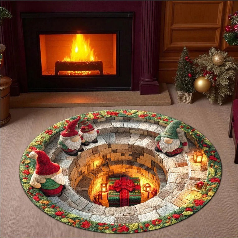 3D Christmas Rug with Gnome and Stone Well Print | Soft Durable Pile That Wipes Clean | 6 Sizes, 14 Designs