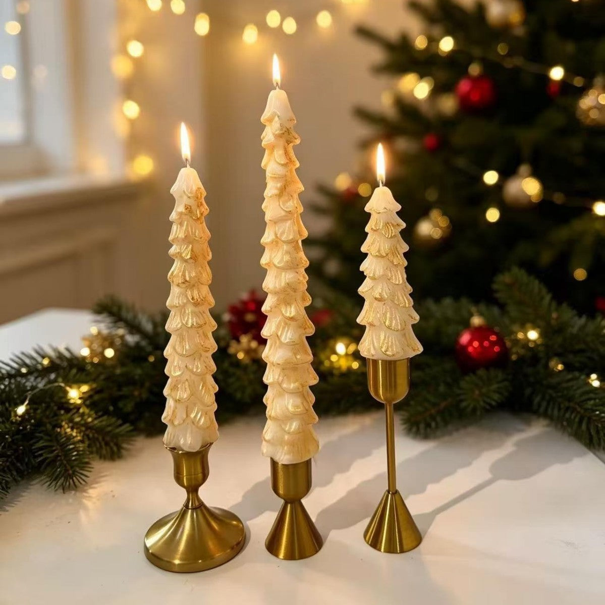 Sculpted Pine Christmas Tree Candles with Brass Finish Holders | Trio Set in Graduated Heights | Festive Table Centerpieces