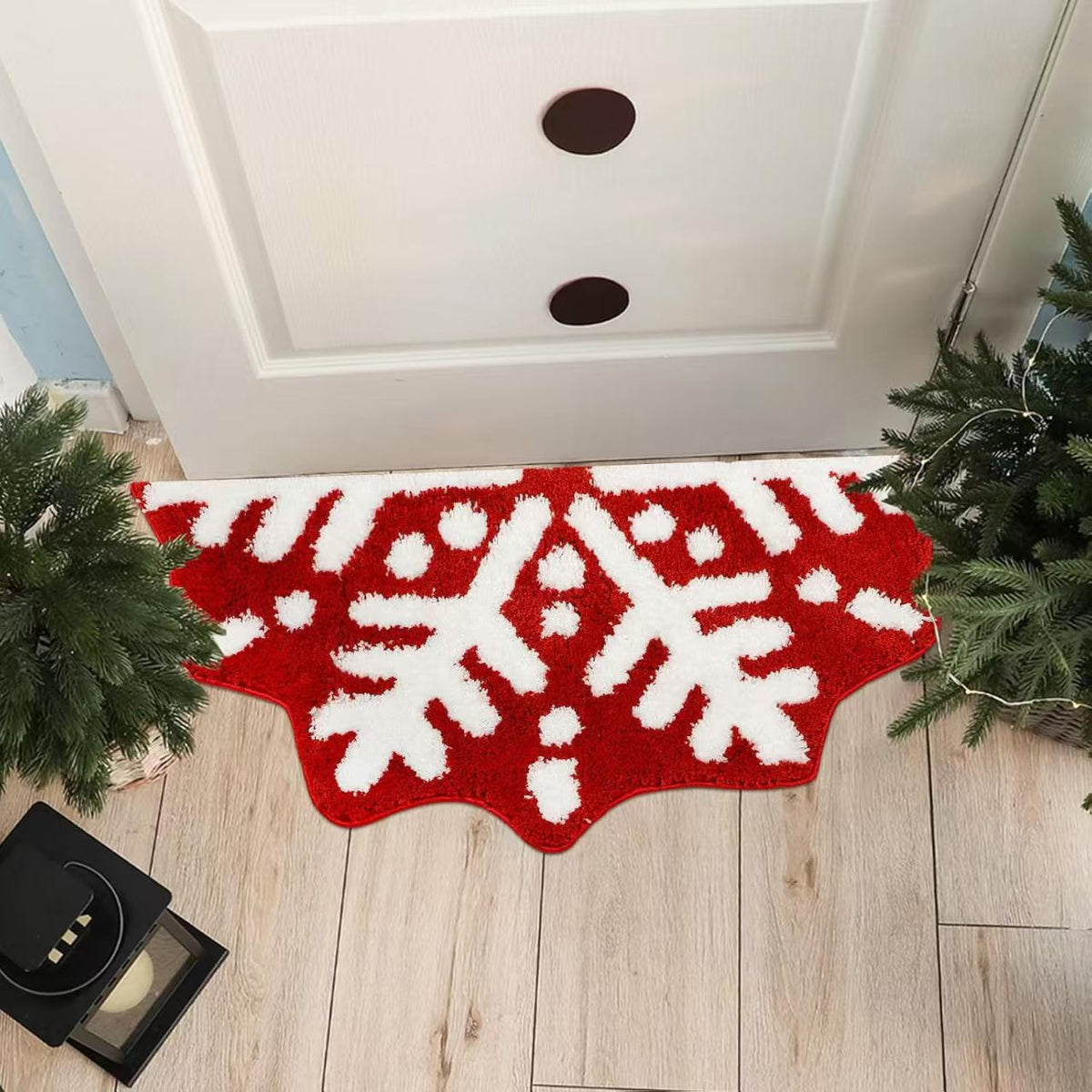 Christmas Tree Shaped Rug with Candy Cane and Snowflake Print | Soft Fibers Underfoot | Living Room and Entryway Mat