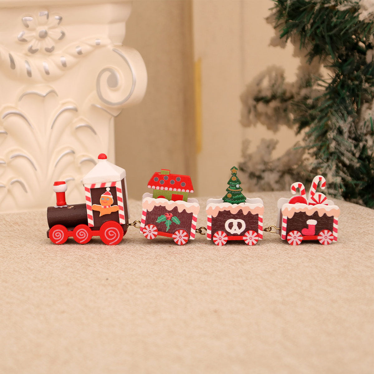 Wooden Train Christmas Ornaments with Gingerbread Passenger | Candy Cane and Fir Tree Details, Hanging Loop | Four Colorful Designs