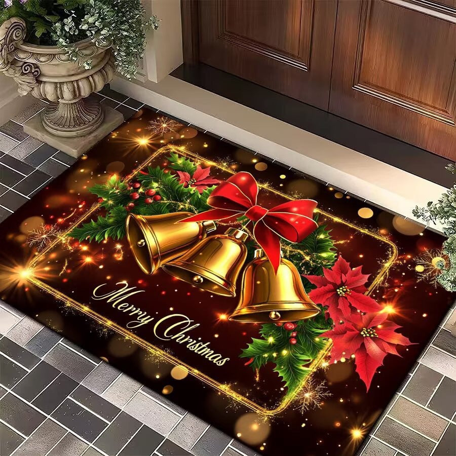 Christmas Door Mat with Bells, Holly and Red Bow Print | Durable Low Profile Entrance Rug | Three Sizes, Five Festive Designs