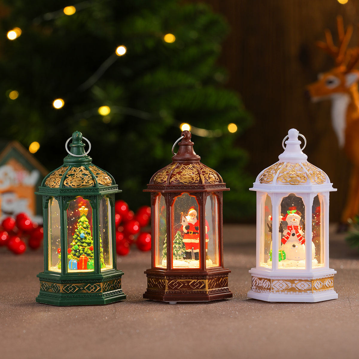 Ornate Christmas Lanterns with a Painted Holiday Figure Inside | Soft LED Light, Just Add Batteries | Cozy Accent for Any Room