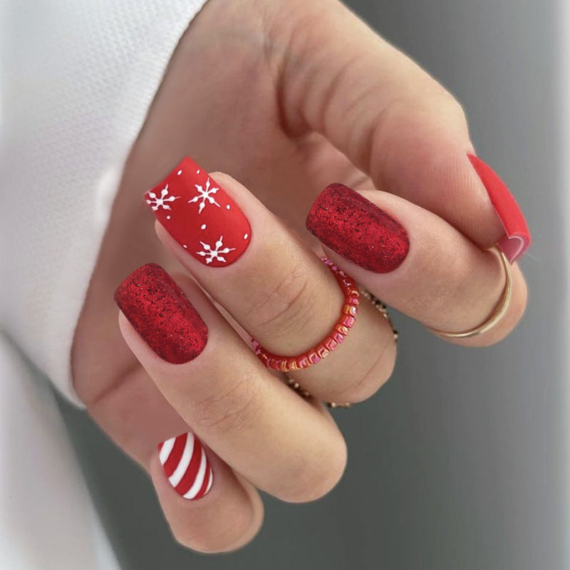 Festive Red Christmas Nails with Glitter Motifs | Glossy Press On Nail Designs | Easy Winter Manicure for Parties