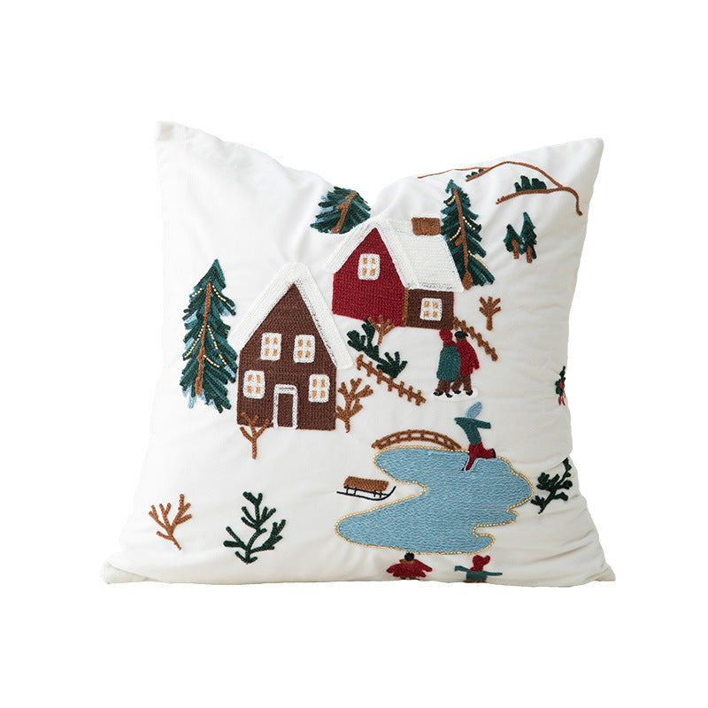 Embroidered Christmas Pillow Cover with Snowman and Fir Sprigs | Cotton Linen Blend, Invisible Zipper | Indoor Decorations