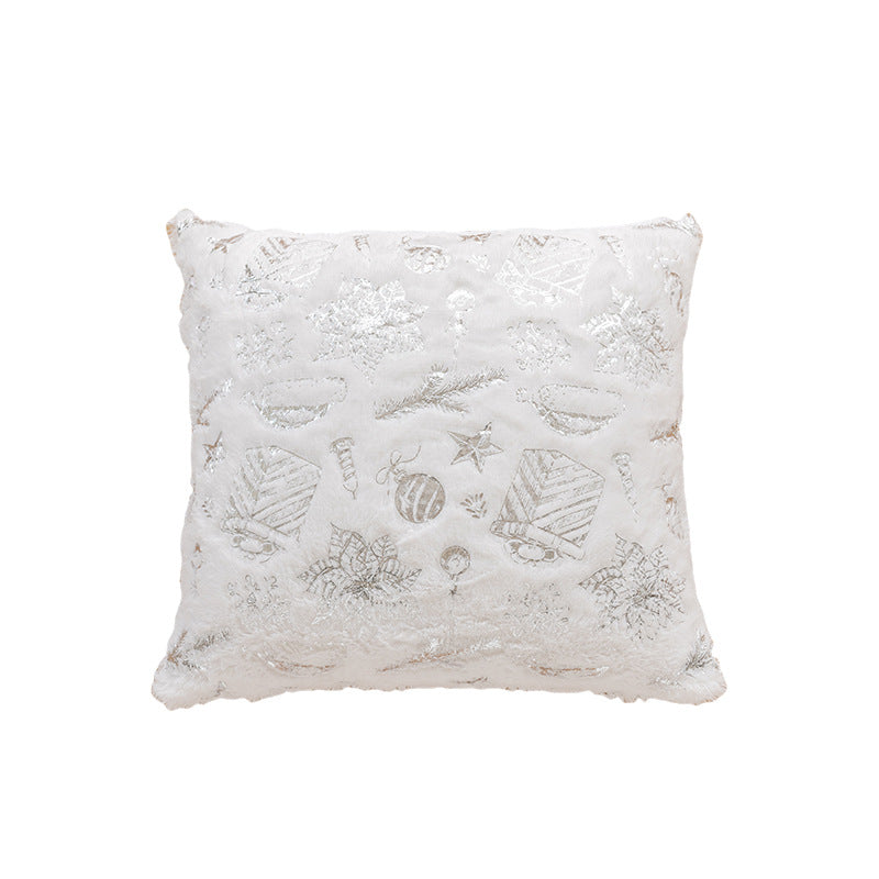Faux Fur Christmas Throw Pillow with Foil Reindeer and Tree Print | Plush Polyfill, Square Shape | Holiday Decorations