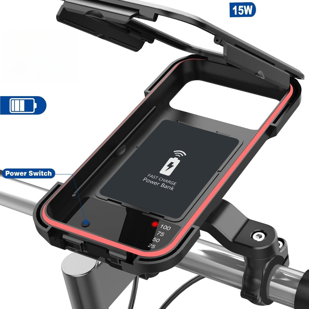 Waterproof Bike Phone Mount with Touch Through Case | Fits 4.5 to 6.8 Inch Screens on 22 to 28.5 mm Bars | Power Bank Option