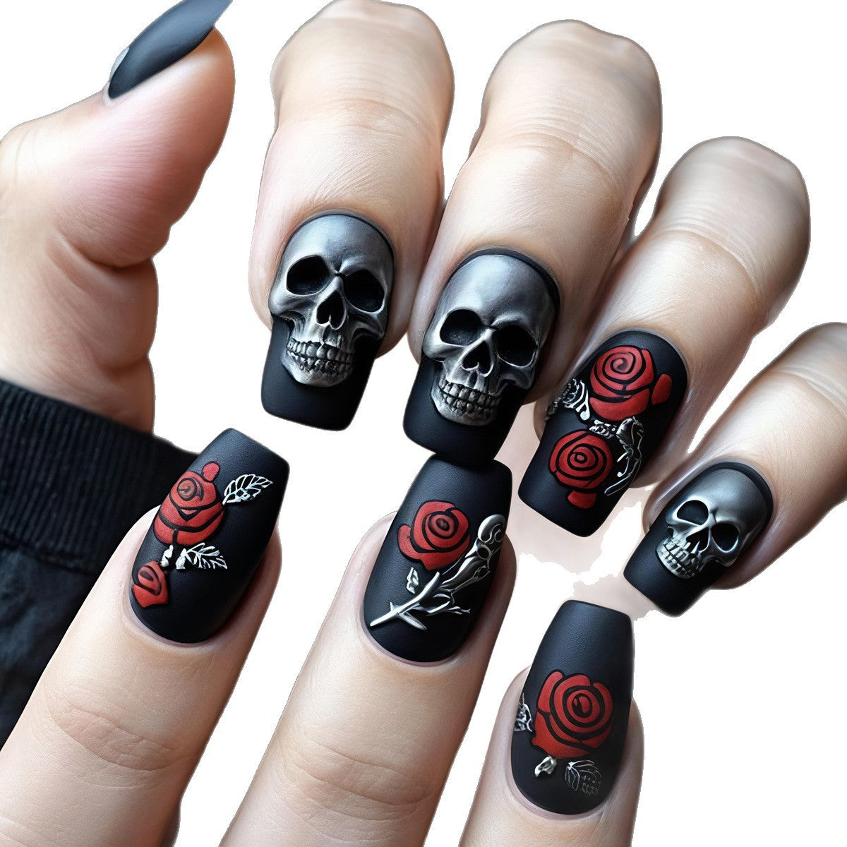 Halloween Skull Floral Gothic Press-On Nails | Available in Jelly | Glue-Free Application in Minutes for Parties and Nights Out