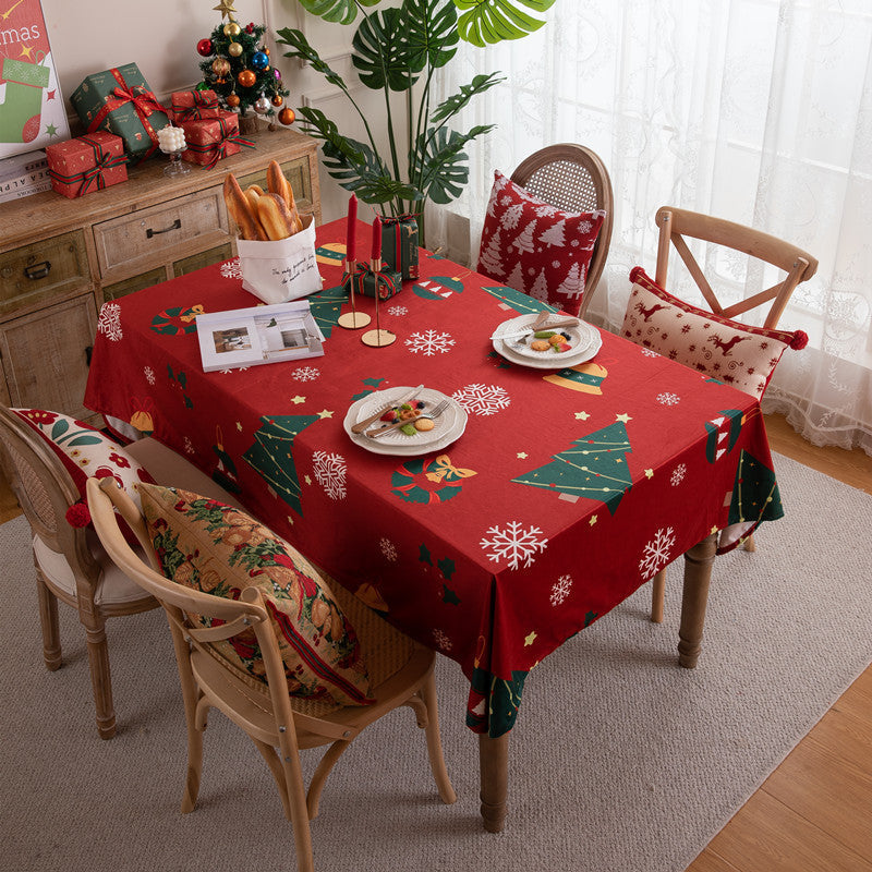 Christmas Tablecloth with Trees, Snowflakes and Bells | Stain-Resistant Festive Fabric | Available in Green or Grey