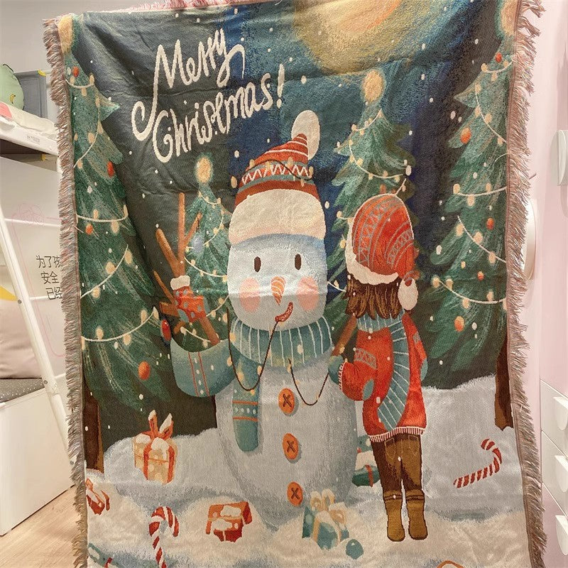 Christmas Tapestry Throw Blanket with Snowman and Trees | Soft Warm Fabric for Sofa and Bed | Four Festive Designs