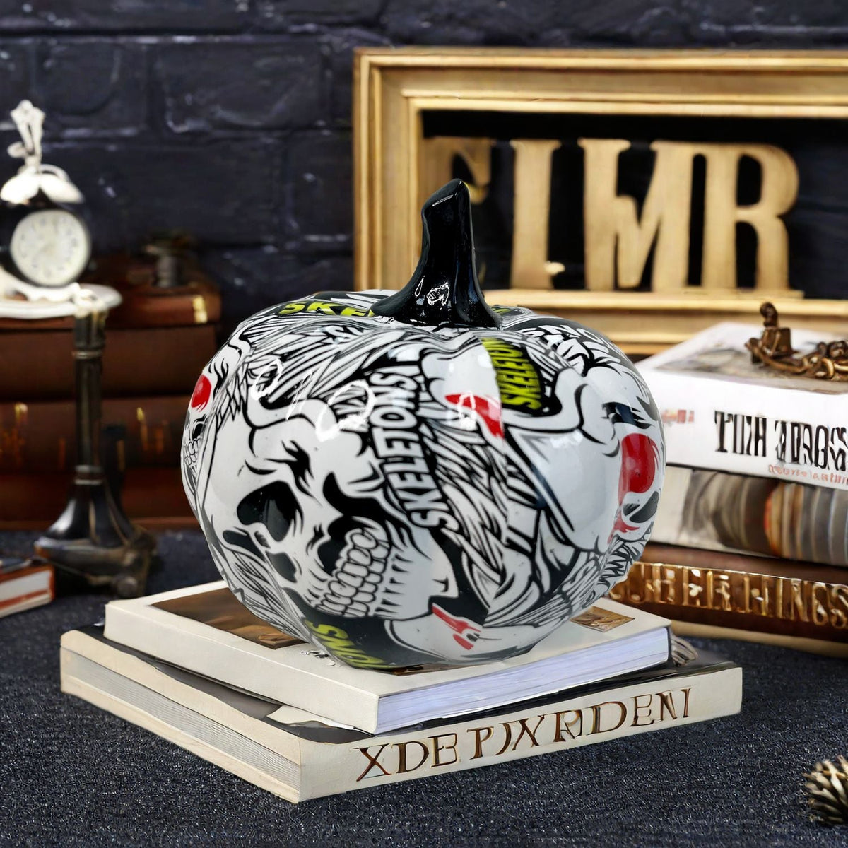Halloween Pumpkin Decorative Figure | Available in Purple, White, Red | Stands on Shelves, Mantels, and Side Tables