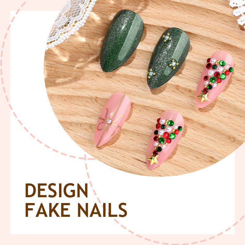 Green Christmas Tree Nails with Star and Glitter Motifs | Glossy Press On Nail Designs | Festive Winter Manicure