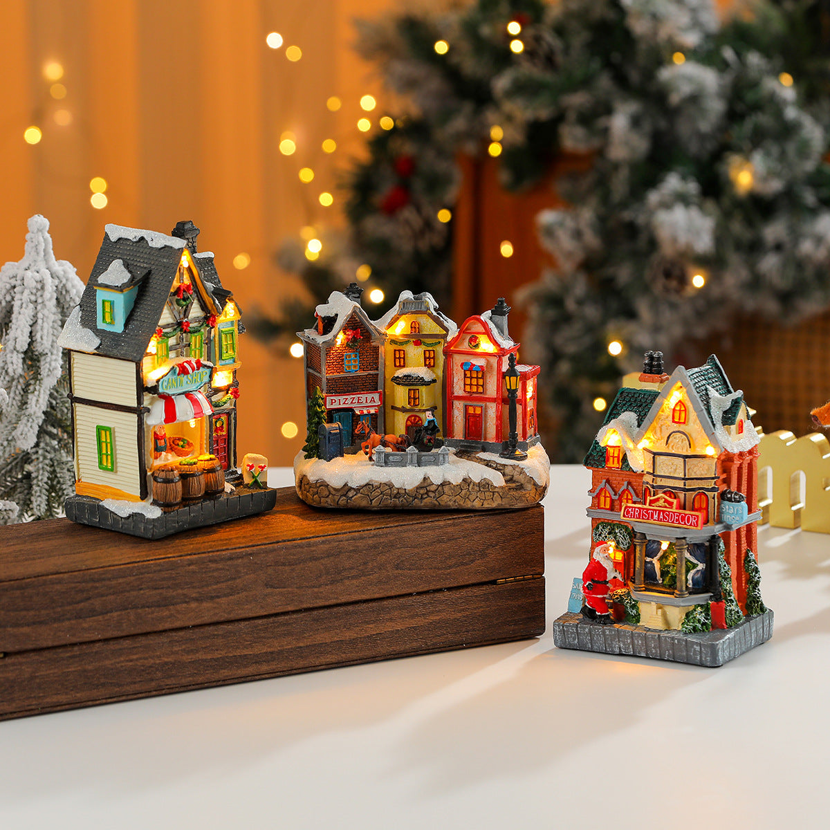 Christmas Village Houses with LED Lights | Hand Painted Resin Shop Scene | Battery Operated Winter Display