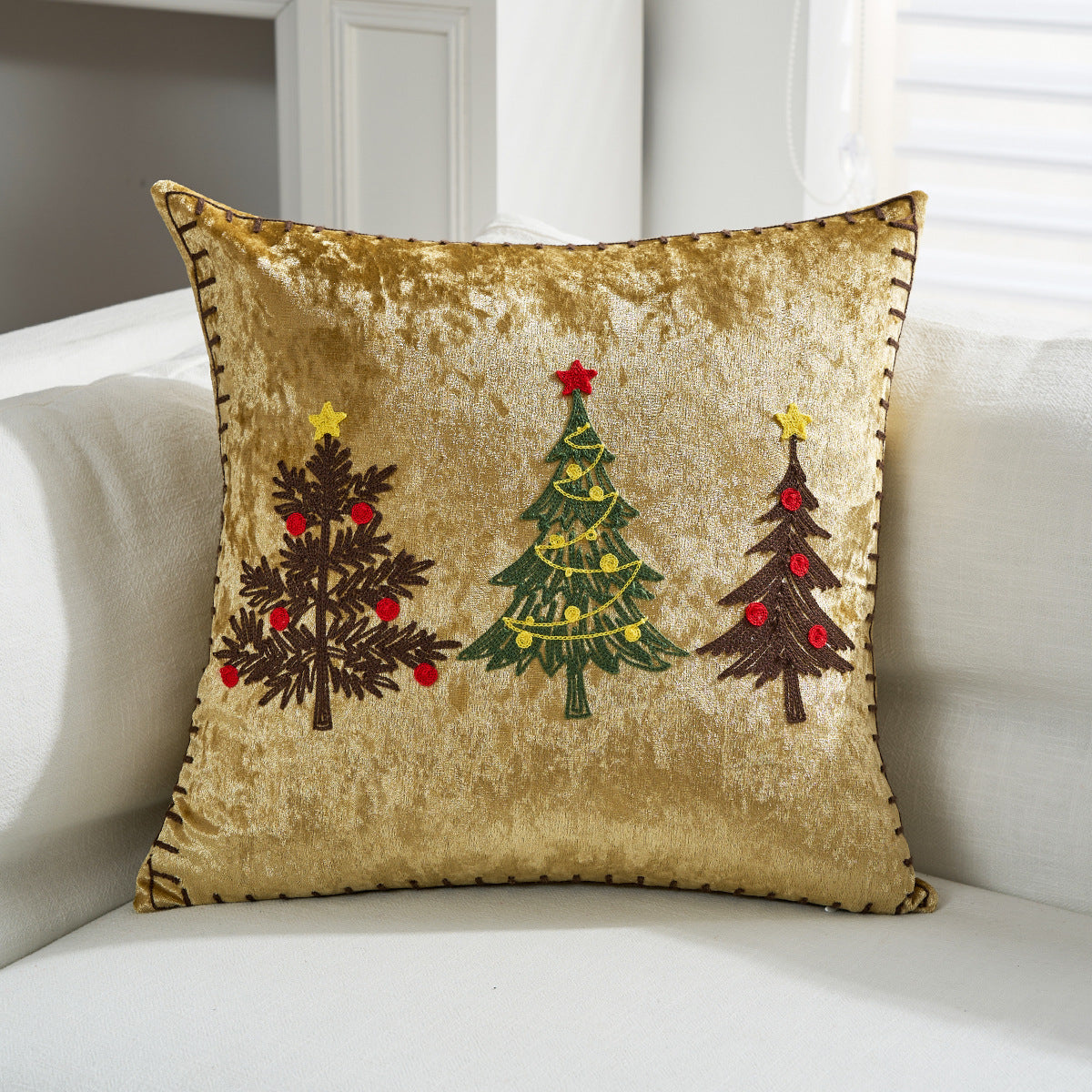 Crushed Velvet Christmas Throw Pillow with Reindeer Applique | Hidden Zipper, Washable Cover | Festive Living Room Decorations