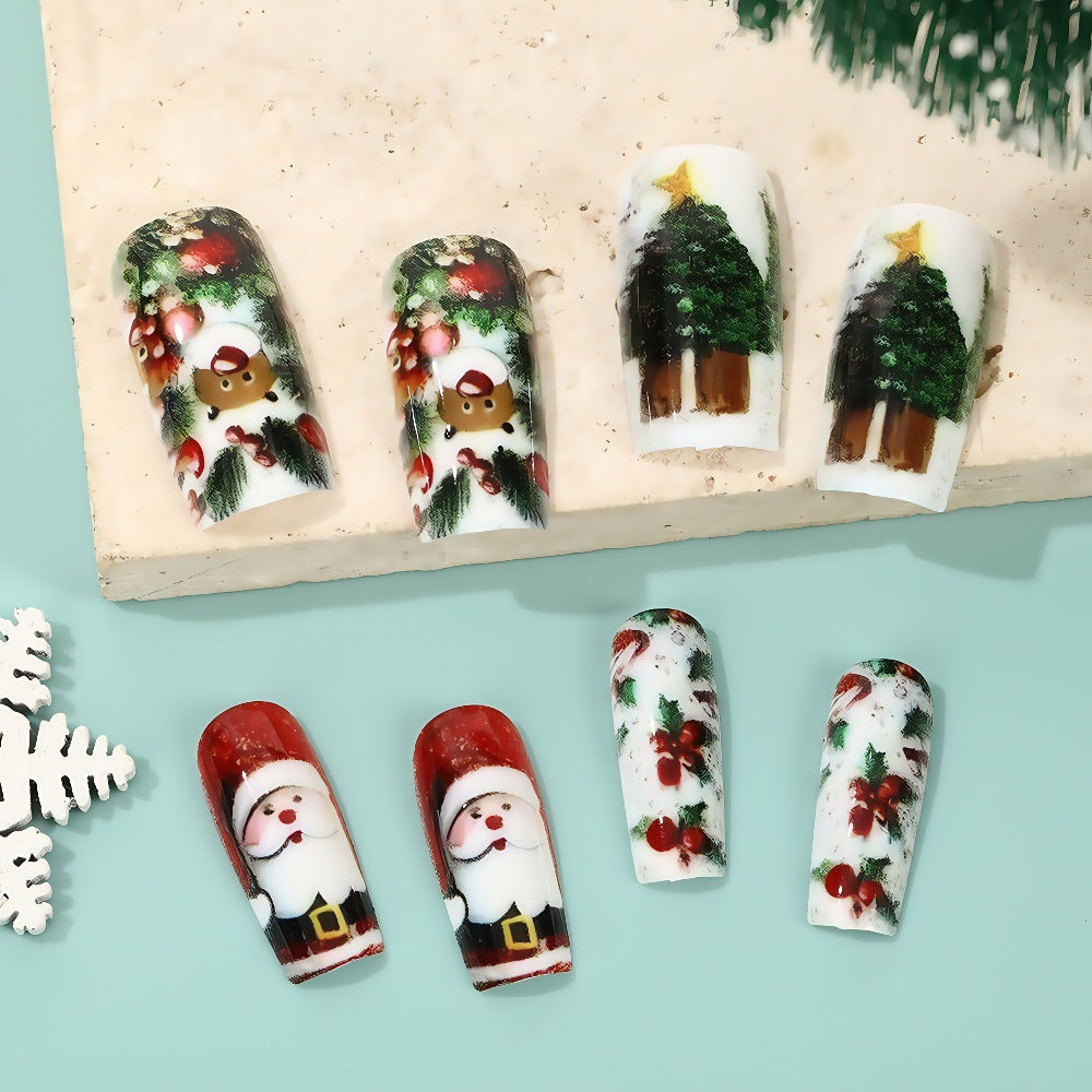 Santa and Gingerbread Christmas Nails | 24 Press On Fingernails with Tree Motifs | Festive Winter Manicure Kit