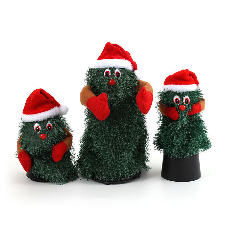 Plush Christmas Tree Figurines with Santa Hat and Red Mittens | Tabletop and Mantel Decor | Three Playful Designs