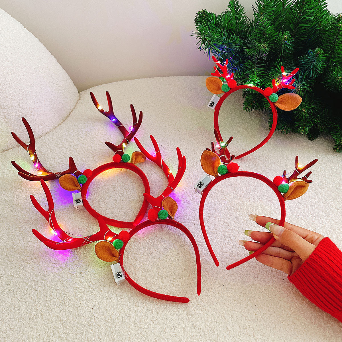 Light Up Reindeer Antler Headband with Glitter Foil Accents | Adjustable One Size Party Wear | Festive Christmas Photo Prop