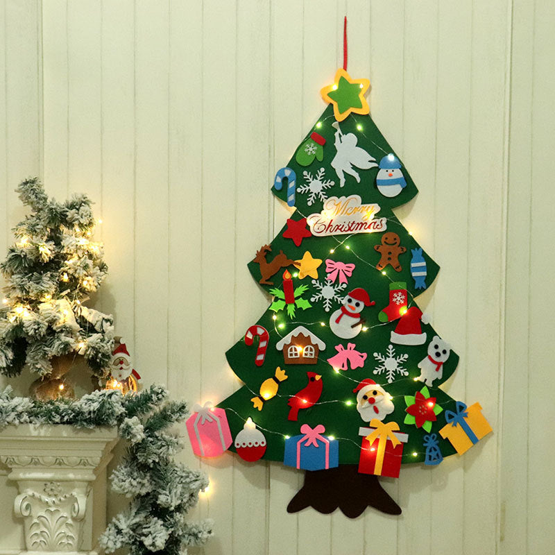 Felt Christmas Tree for Kids with Removable Ornaments | LED Lights Included | Wall Hanging with a Strap for Doors