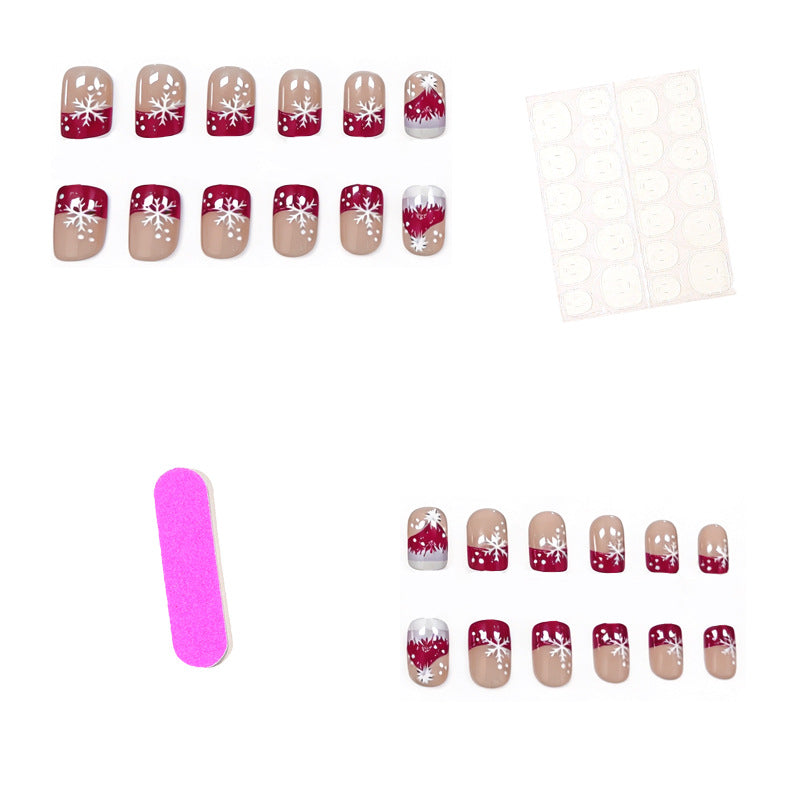 Red Christmas Press-On Nails with Glitter French Tips | Delicate Snowflake Detail | Comfortable Fit for Gatherings