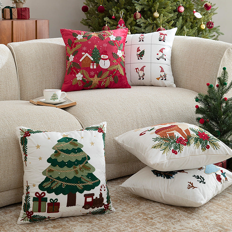 Embroidered Christmas Pillow Cover with Snowman and Fir Sprigs | Cotton Linen Blend, Invisible Zipper | Indoor Decorations