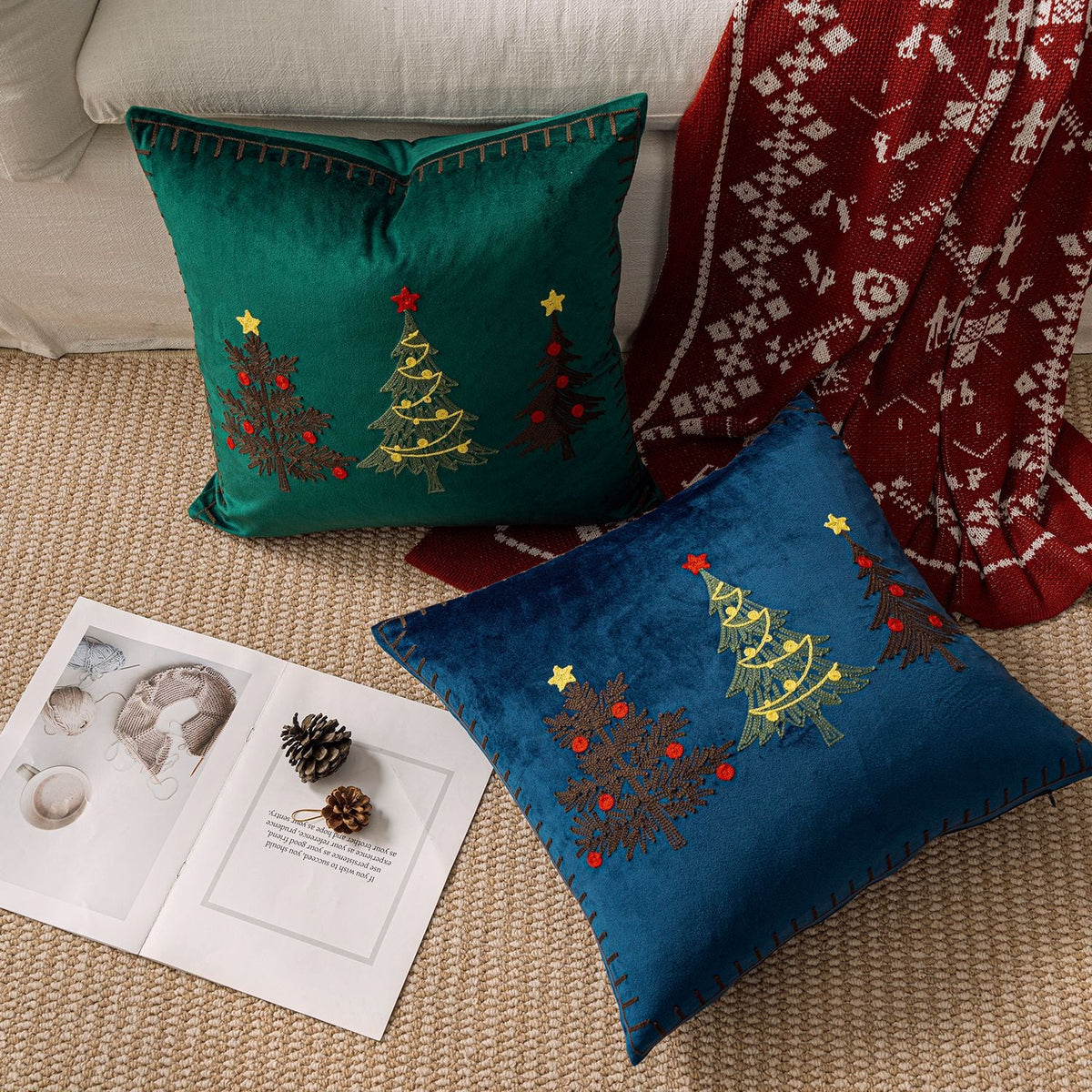 Velvet Christmas Pillow Cover with Embroidered Tree Motifs | Blanket Stitch Edge and Hidden Zipper | Sofa and Bed Decorations