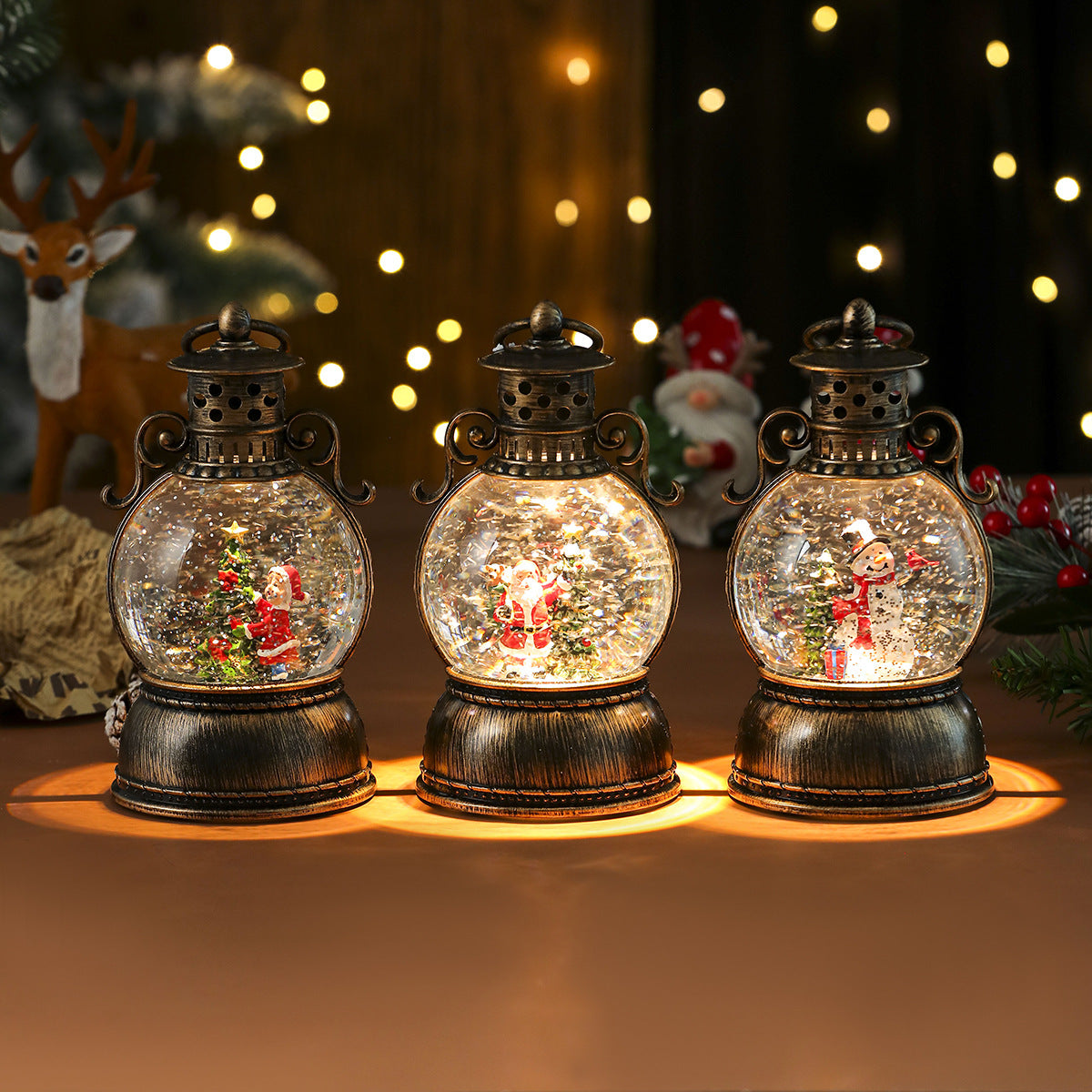 LED Christmas Lights in a Glass Dome Lantern with Santa and a Fir Tree | Warm Candlelight Effect | Battery Powered, No Socket