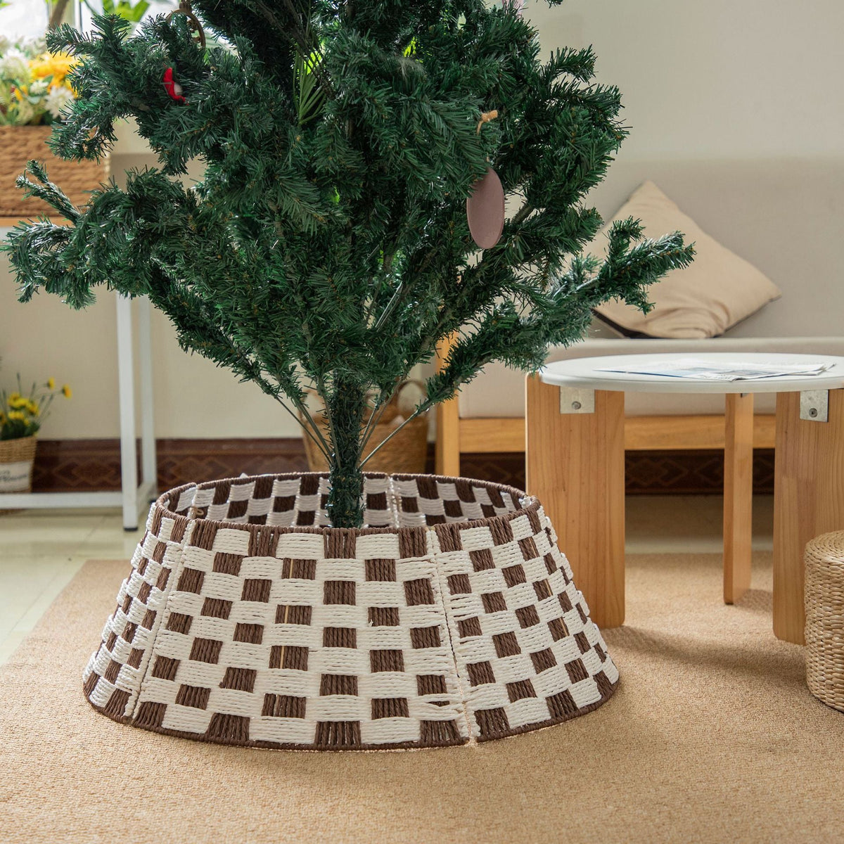 Woven Christmas Tree Stand Cover in Natural Fibres | Rustic Xmas Basket for the Base in Red or Green | Festive Decor
