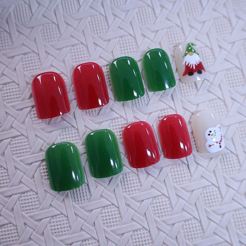 Green Christmas Nails with Tree and Snowman Art | Short Round Festive Set | Gift Boxed with Application Guide
