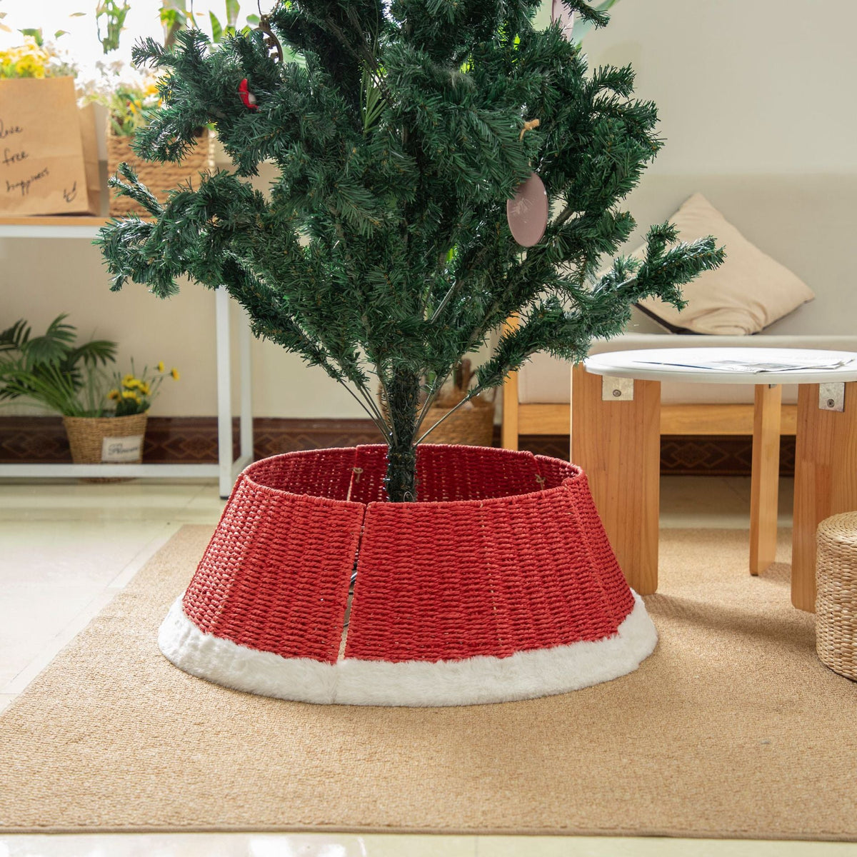 Woven Christmas Tree Stand Cover in Natural Fibres | Rustic Xmas Basket for the Base in Red or Green | Festive Decor