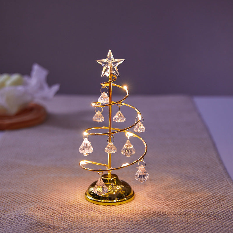 Spiral Mini LED Christmas Tree Lights with Clear Crystal Drops | Star Topper in Gold or Silver | Warm Tabletop Holiday Decor