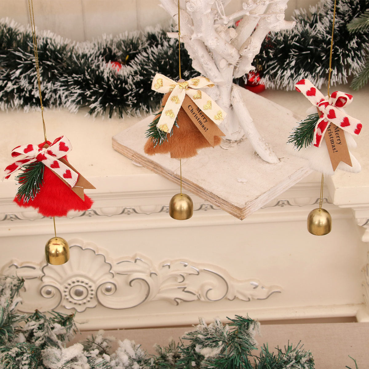 Felt Christmas Tree Ornament with Metal Bell and Merry Greeting | Gold Accent Ribbon and Hanging Cord | Door or Mantel Decorations