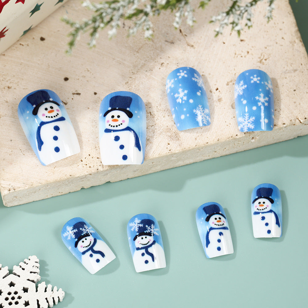 Snowman Press On Nails with Snowflake Accents | Christmas Fingernails in Mixed Sizes | Kit with Nail File for Home Use