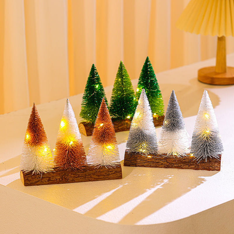 Artificial Christmas Trees on a Wooden Base with Sparkling LED Lights | Battery Powered Tabletop Set | Green, Orange or Silver