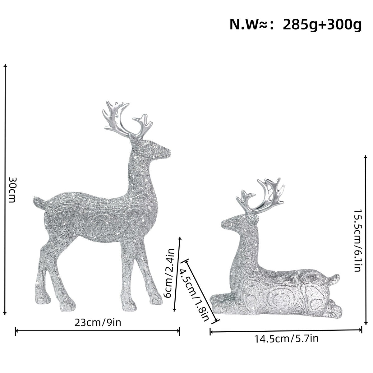 Reindeer Christmas Figurine Set of Two in Glitter Resin | 30 cm and 15.5 cm Tall Deer Decor | Silver, Red or Gold