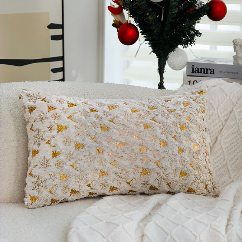 Gold Christmas Pillow Cover with Tree and Reindeer Print | Square Velvet Look Fabric, Hidden Zipper | Eight Designs in Three Sizes