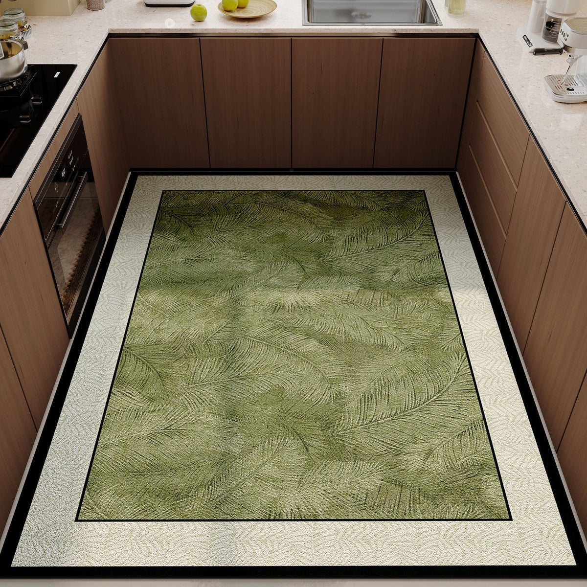 Floral Print Kitchen Rug with Non-Slip Backing | Soft Underfoot and Machine Washable | Green Moss Shades