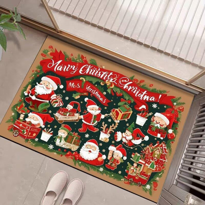 Christmas Door Mat with Merry Santa and Gift Print | Durable Fibers, Strong Underfoot Grip | Indoor Outdoor Entryway Decor