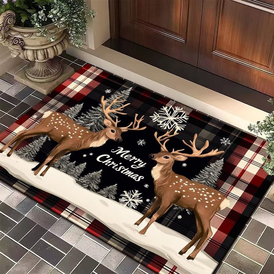 Christmas Door Mat with Bells, Holly and Red Bow Print | Durable Low Profile Entrance Rug | Three Sizes, Five Festive Designs