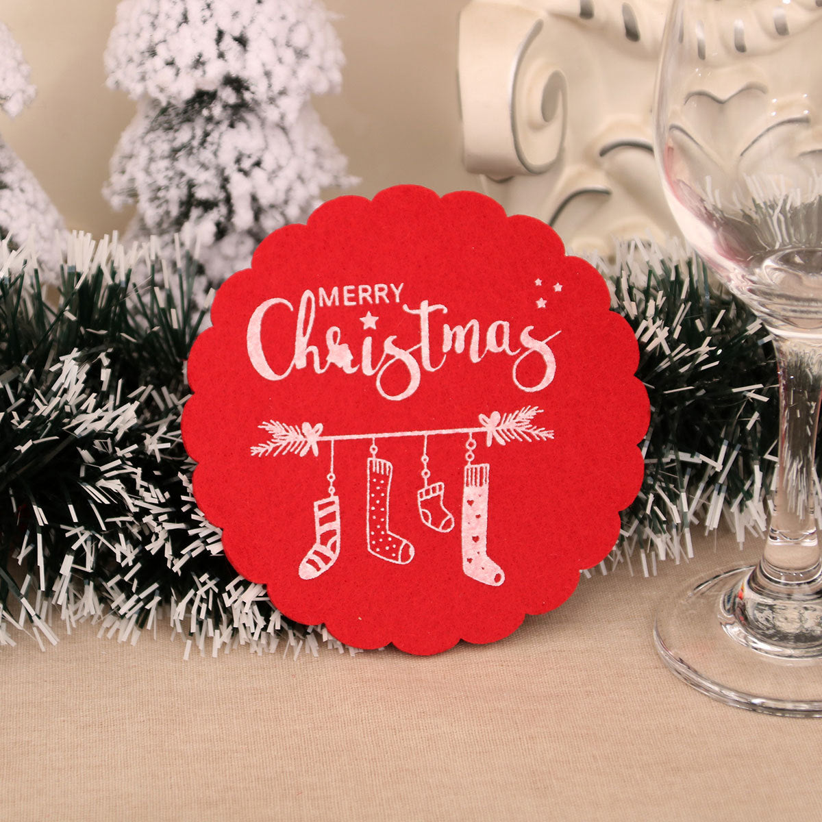 Felt Christmas Table Mats with Scalloped Edges and Merry Print | Round Placemats and Coasters, Two Colorways | Wipe Clean Decorations