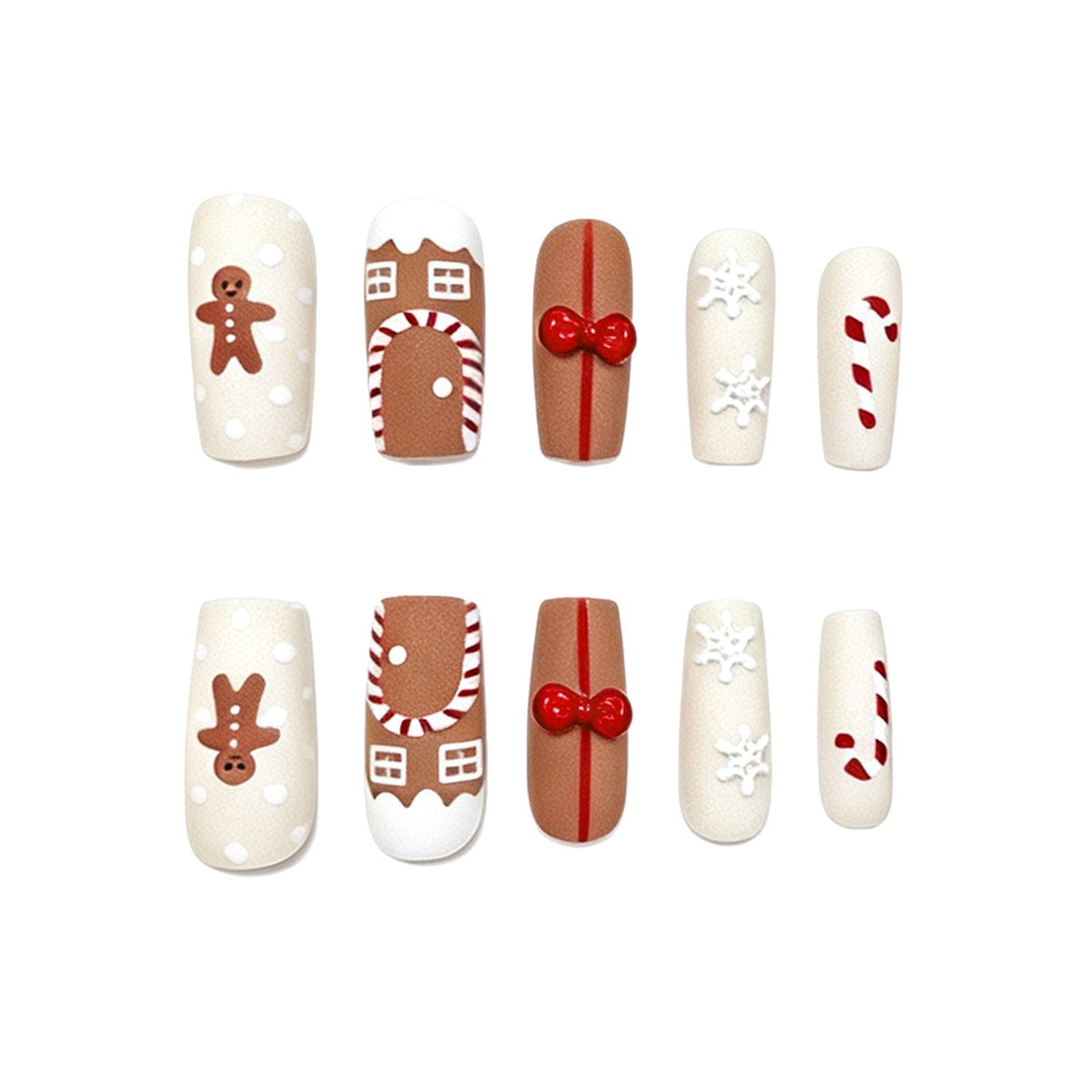 Gingerbread Nails with Candy Cane and Bow Art | Long Coffin Tips in Nude and White | Salon Quality Finish at Home