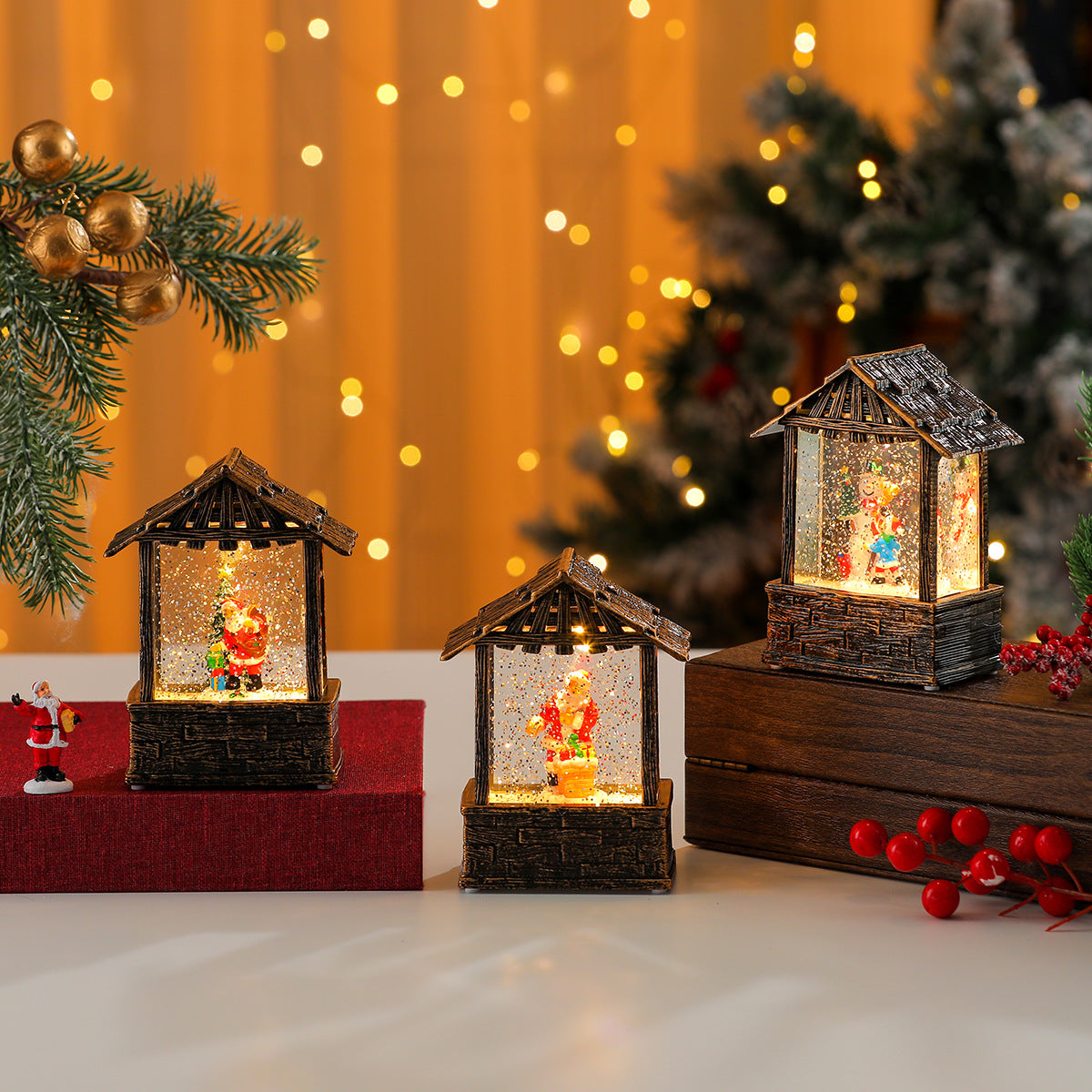 Wooden Lantern with Soft Christmas Lights | Lit Santa Scene and Snowflake Detail | Easy On Off Switch for Tabletop Decor
