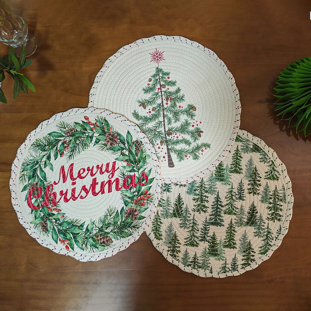 Round Braided Christmas Placemats | Santa, Tree and Reindeer Prints in Six Designs | Woven Cotton Table Decorations