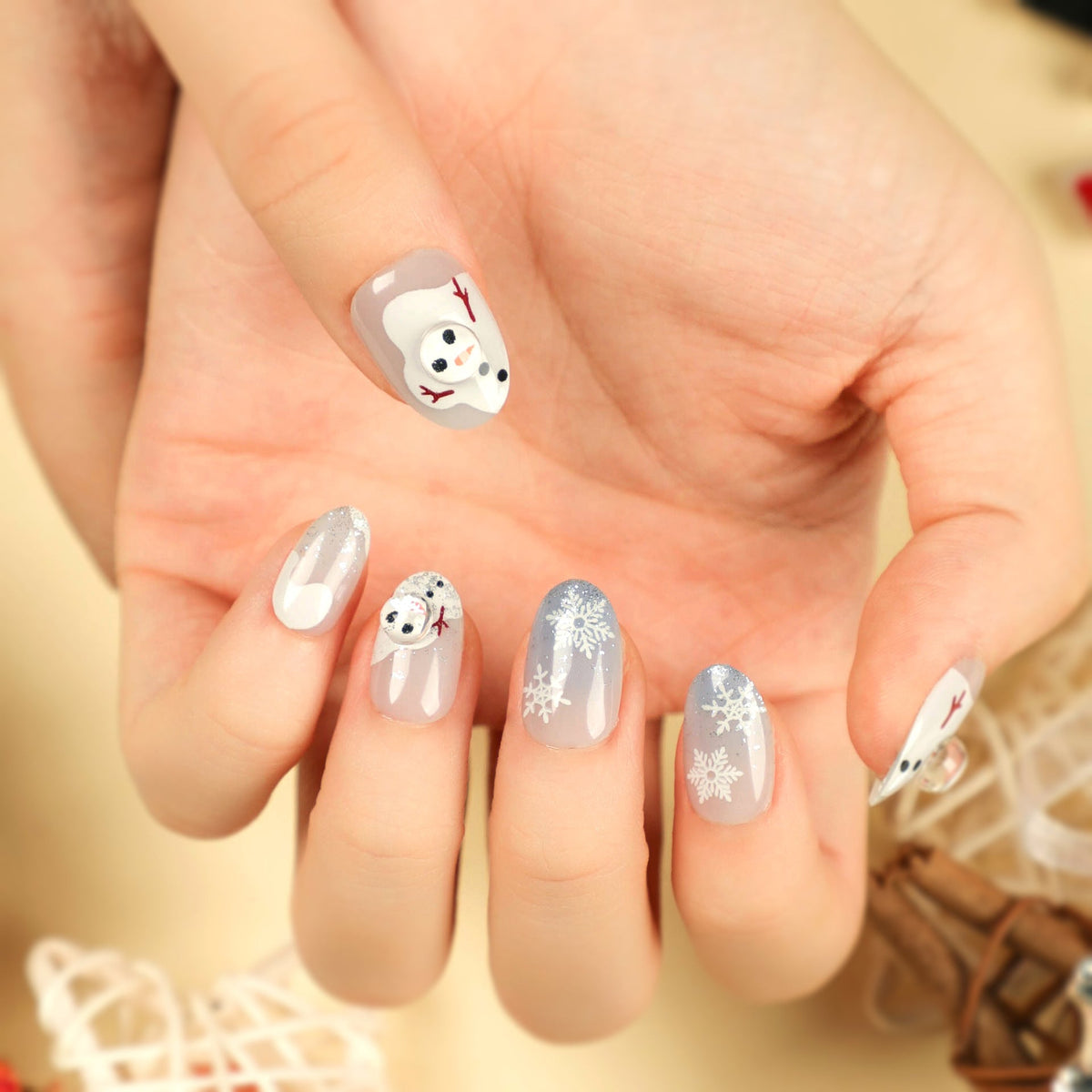 White Christmas Nails with Snowman and Snowflake Art | Frosted Grey Ombre Tips | Shaped To Fit, Easy To Remove