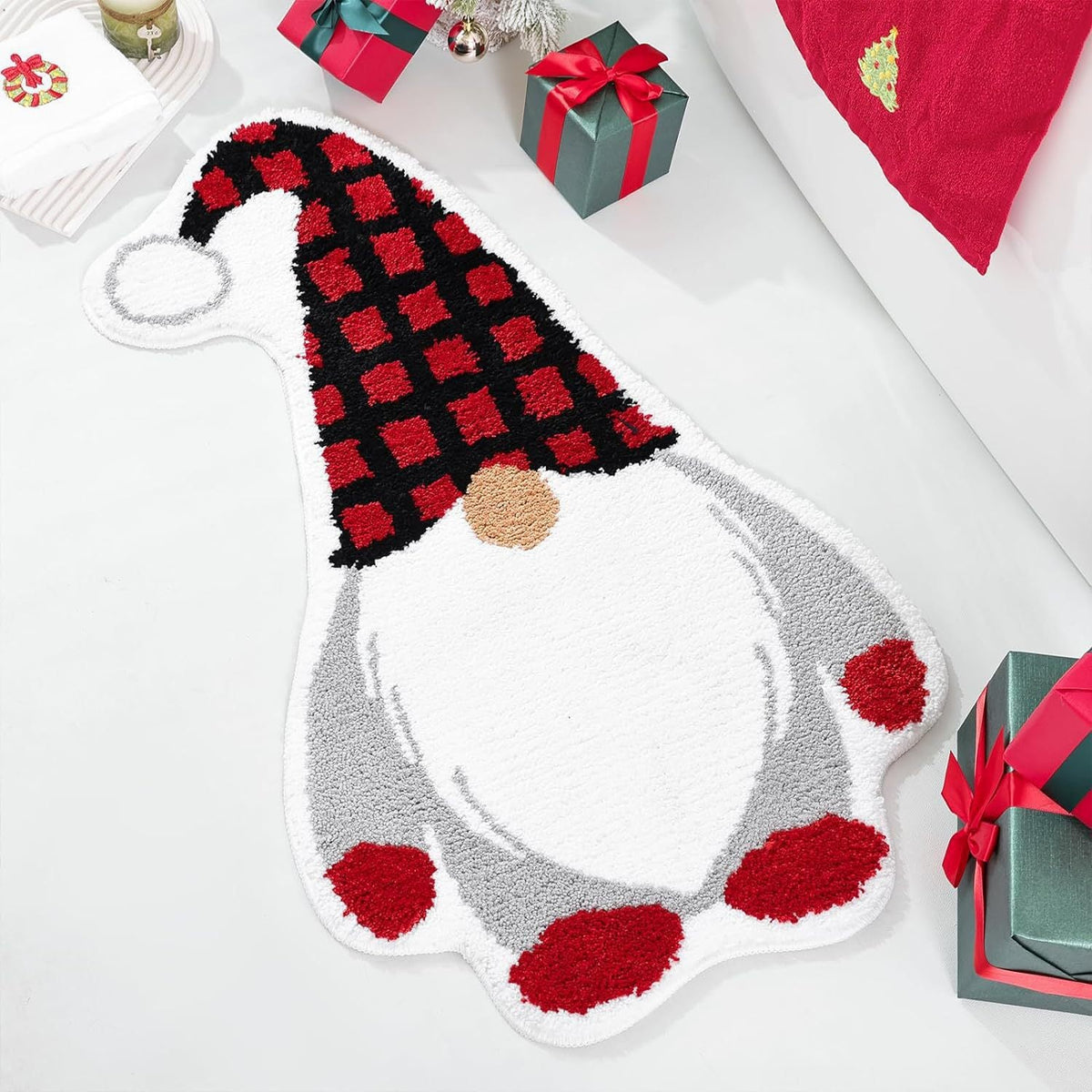 Christmas Tree Shaped Rug with Candy Cane and Snowflake Print | Soft Fibers Underfoot | Living Room and Entryway Mat
