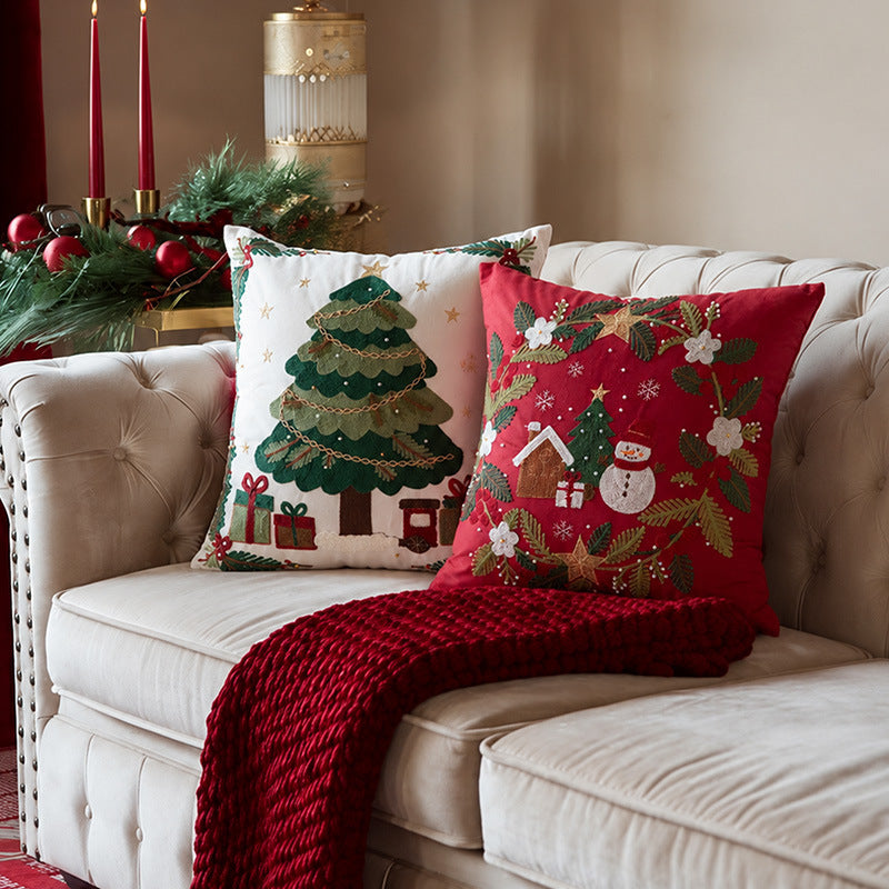 Embroidered Christmas Pillow Cover with Snowman and Fir Sprigs | Cotton Linen Blend, Invisible Zipper | Indoor Decorations