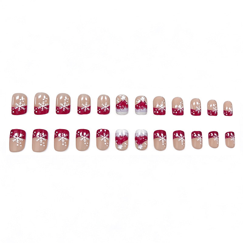 Red Christmas Press-On Nails with Glitter French Tips | Delicate Snowflake Detail | Comfortable Fit for Gatherings
