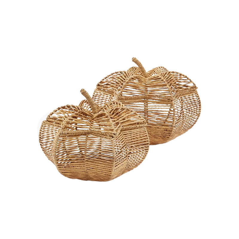 Handwoven Rattan Pumpkin Decor Basket with Curled Stem | Open Weave Bowl for Fruit or Display | Natural Finish