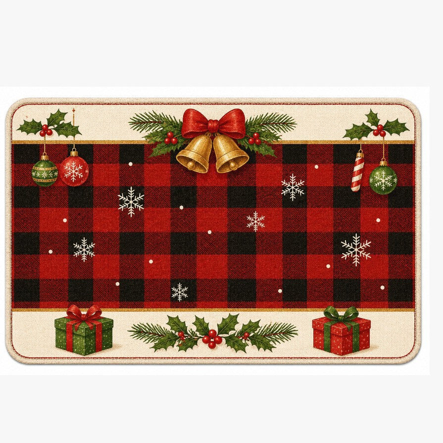Red and Black Plaid Christmas Door Mat | Ornaments, Snowflakes and Gifts Print | Non-Slip Backing on a Festive Rug